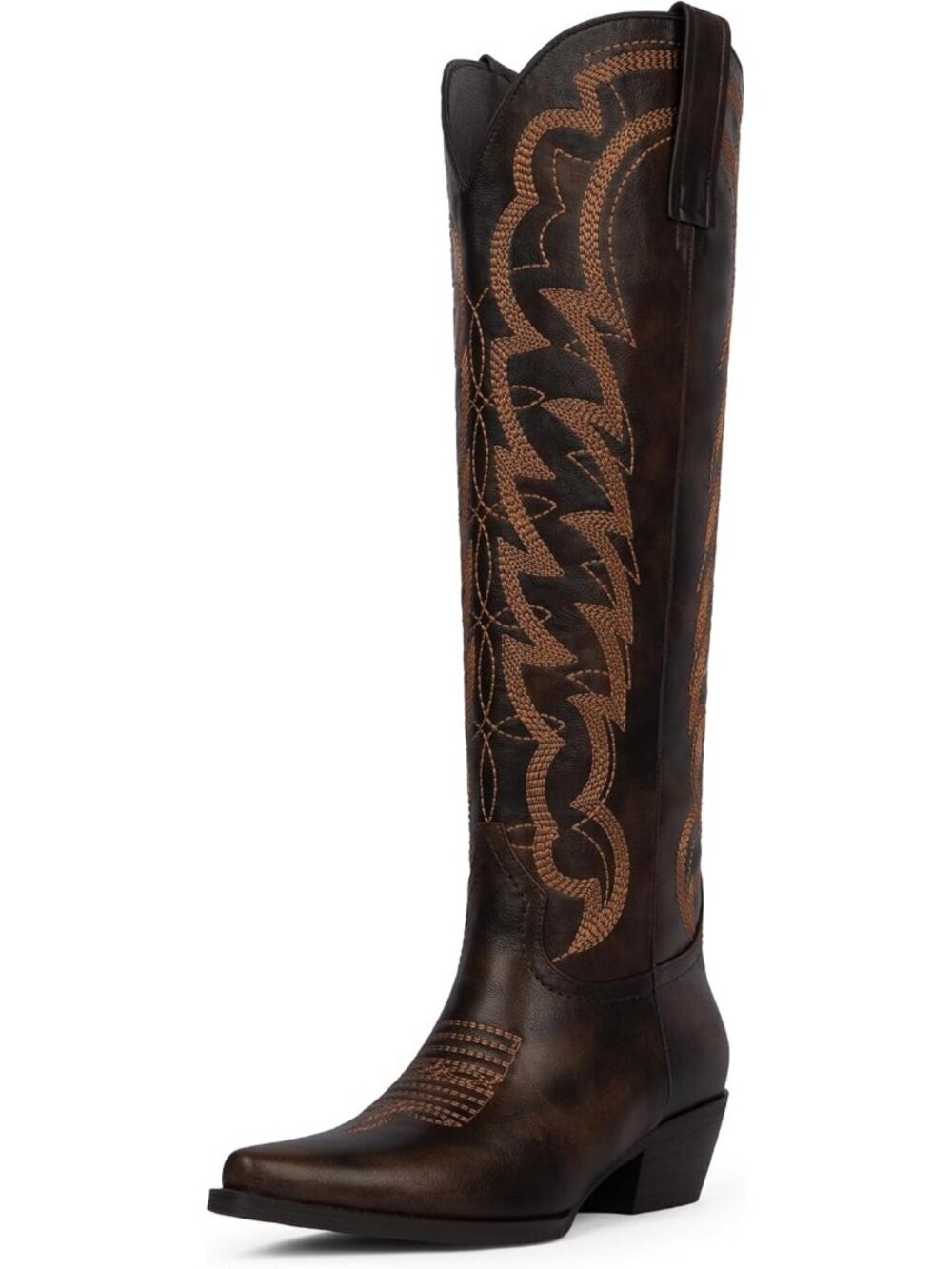 Women A-chocolate Leather Knee High Chunky Butterfly Cowgirl Calf Pointed Boot